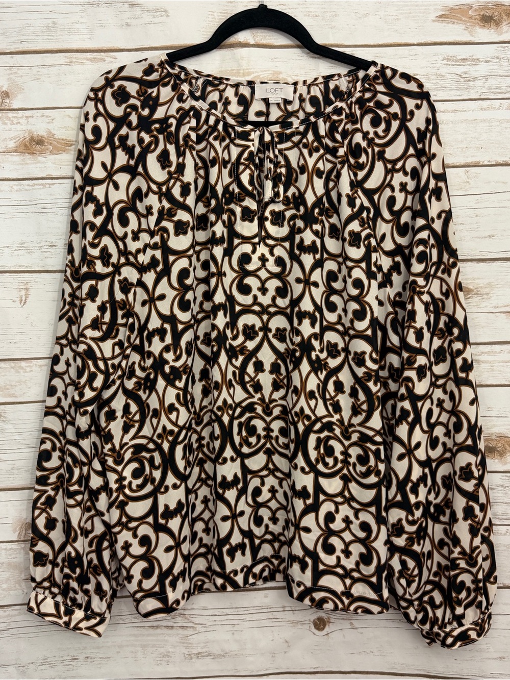 Loft Tan Beige Patterned Tie Neck Long Sleeve Blouse XL